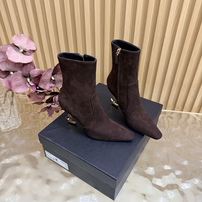 Pointed Toe Suede Heeled Ankle Boots With Metal Heel Detail