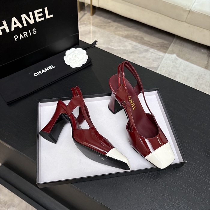 Burgundy Patent Leather Block Heel Slingback Pumps With Contrast Cap Toe