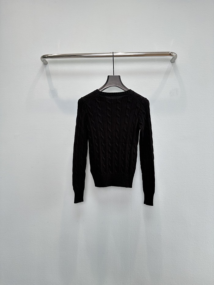 Preppy Cable Knit Ribbed Hem Crewneck Cotton Pullover Sweater