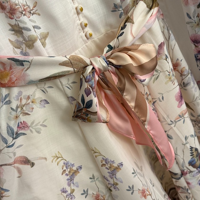 Floral Bird Print Tie Waist Lantern Sleeve Maxi Dress