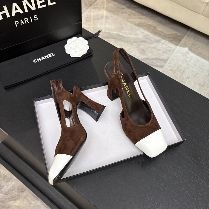 Brown Suede Contrast Cap Toe Slingback Pumps