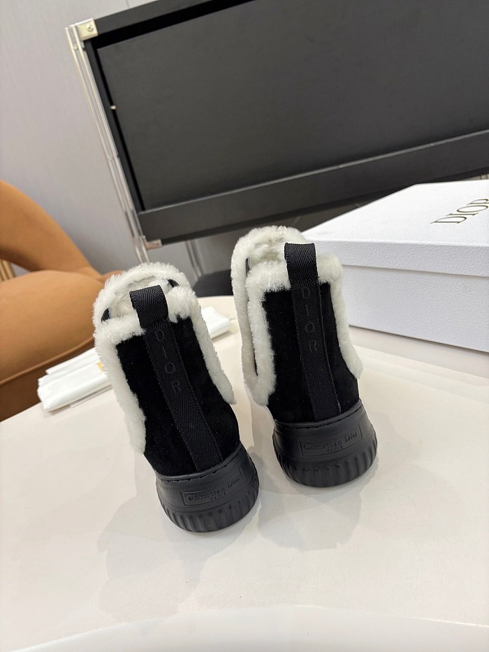 Black Suede Chelsea Boots With Shearling Trim And Chunky Sole