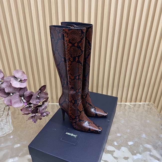 Snake Embossed Pointed Toe High Heel Boots