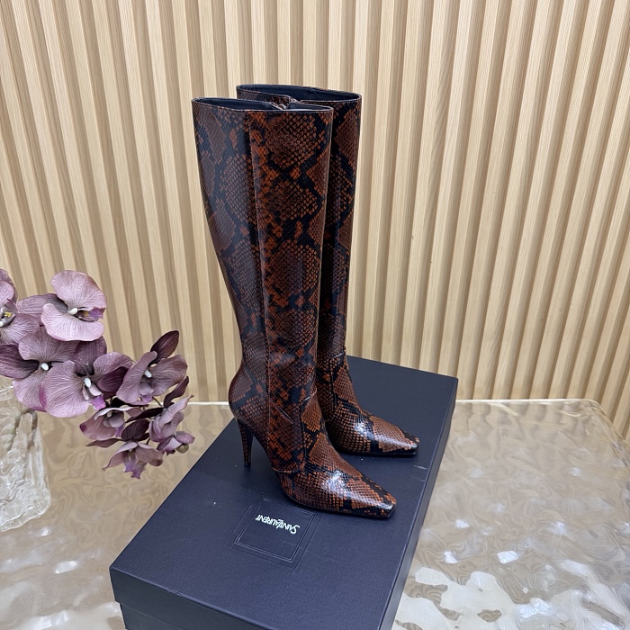 Snake Embossed Pointed Toe High Heel Boots