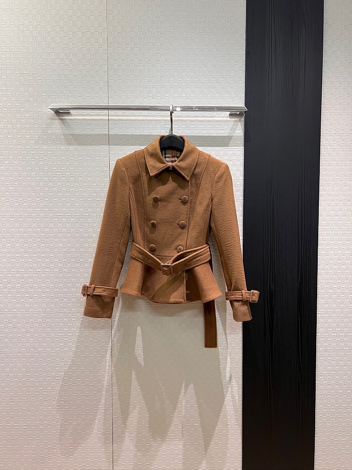 Double Breasted Belted Plaid Lined Peplum Woolen Crop Coat