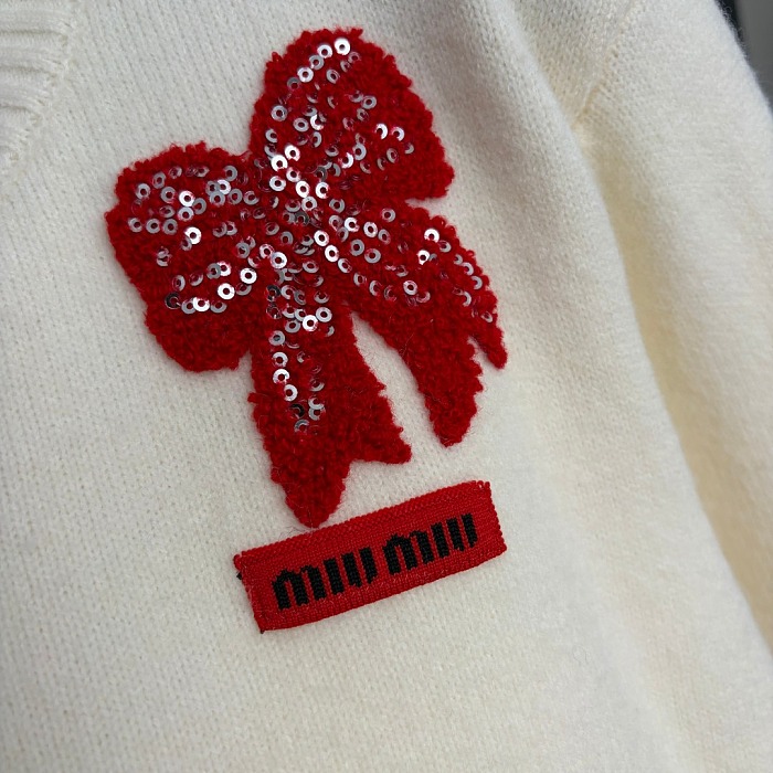 Sequined Bow Embroidered Long Sleeve Wool Knit Cardigan