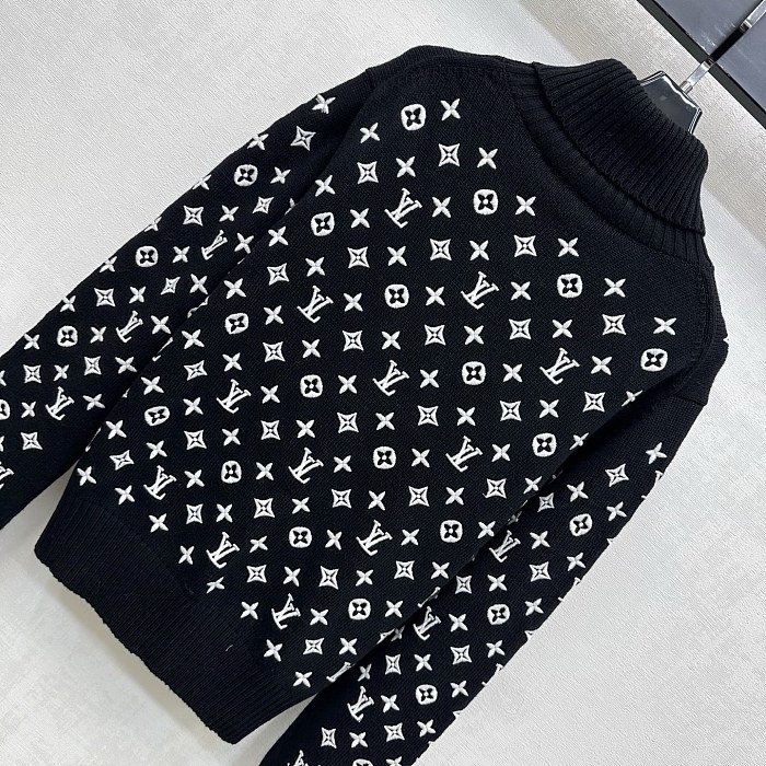 All-Over Embroidered Graphic High Neck Ribbed Knit Pullover Sweater