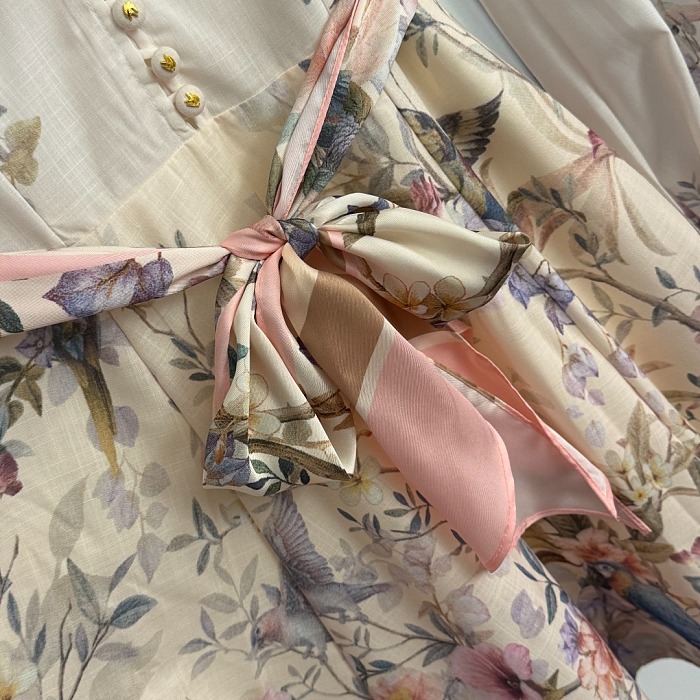 Floral Bird Print Self Tie Waist Lantern Sleeve Mini Dress
