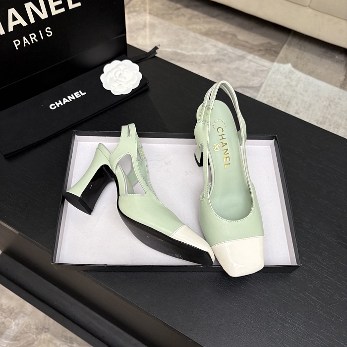 Chunky Heel Square Toe Contrast Cap Toe Slingback Pumps