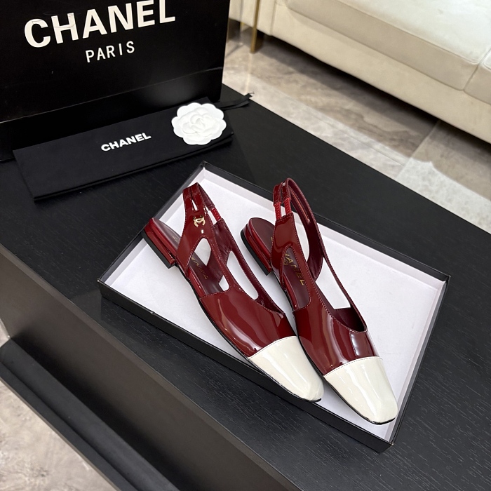 Burgundy And White Patent Leather Slingback Pumps With Low Heel