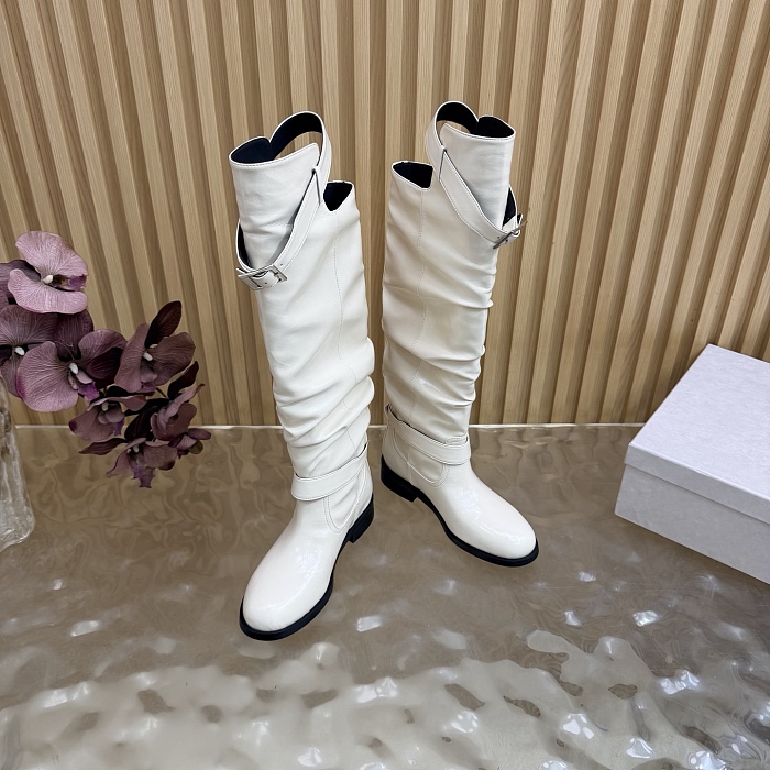White Leather Buckled Knee High Boots With Chunky Heels