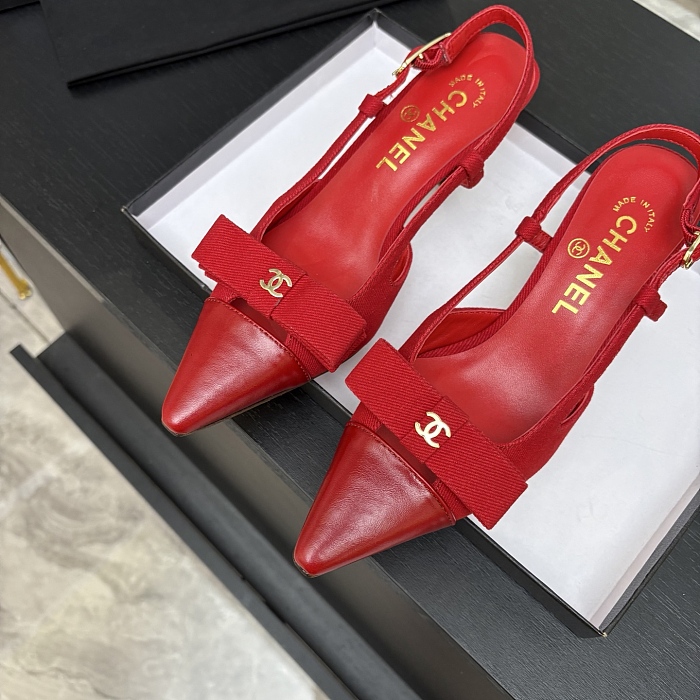 Red Pointed Toe Heeled Slingback Pumps With Bow
