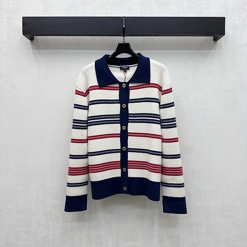 Contrast Lapel Striped Knit Cardigan With Metal Icon Details
