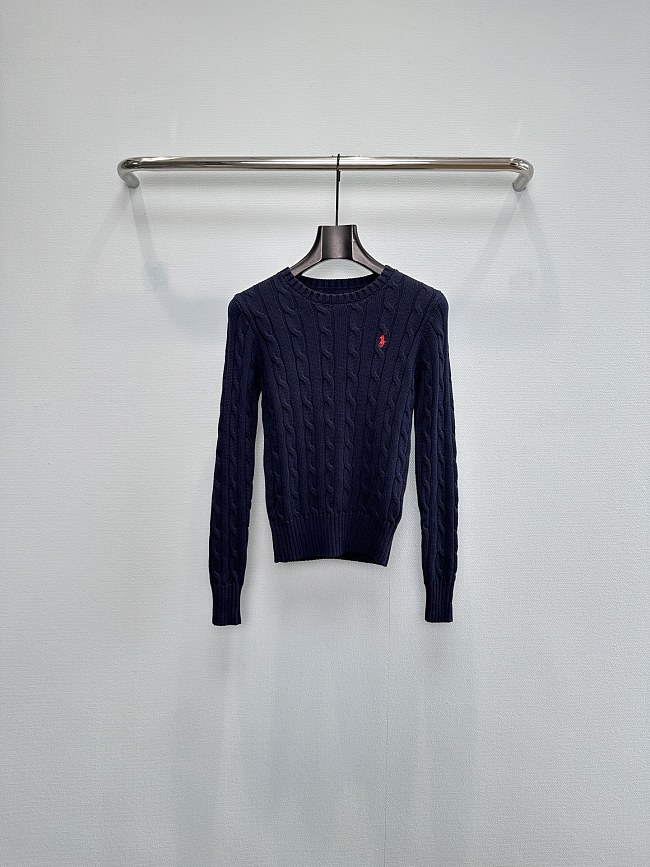 Preppy Cable Knit Ribbed Hem Crew Neck Cotton Sweater