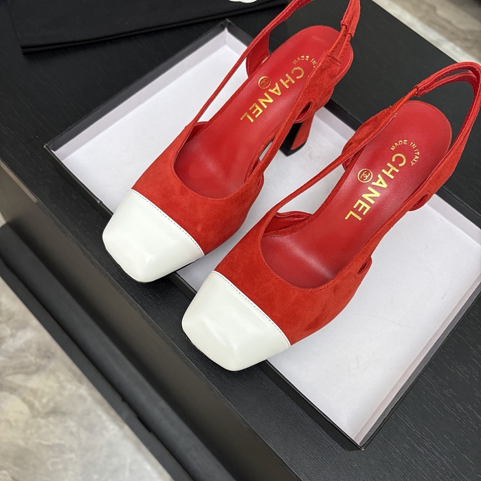Red Suede And White Cap-Toe Slingback Pumps With Chunky Heels