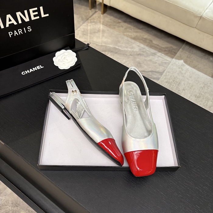 Silver and Red Cap Toe Slingback Flats With Back Strap