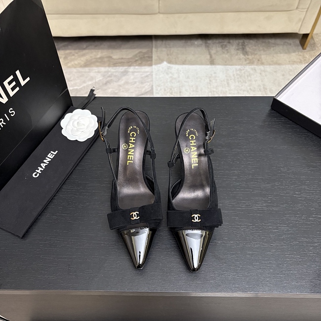 Black Suede Pointed Toe Slingback Pumps With Bow Detail
