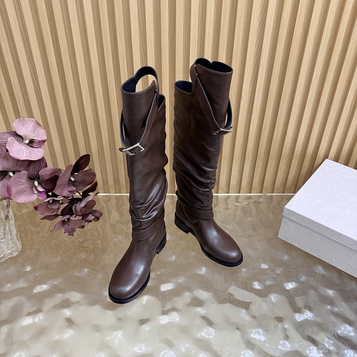 Brown Leather Knee High Boots With Buckle Straps