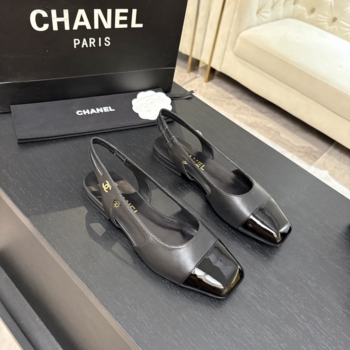 Black Closed Toe Slingback Pumps With Patent Cap Toe