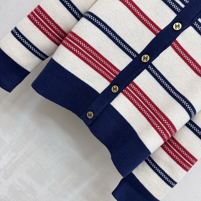 Contrast Lapel Striped Knit Cardigan With Metal Icon Details