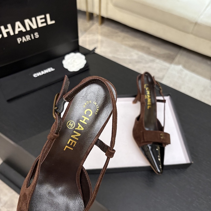 Brown Suede Slingback Pumps With Bow And Patent Cap Toe
