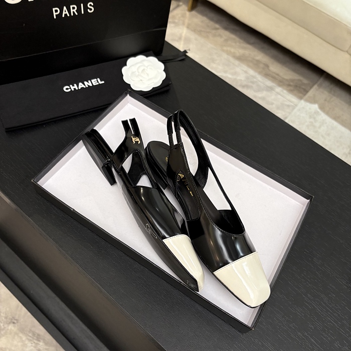 Black and White Cap Toe Slingback Flats With Back Strap