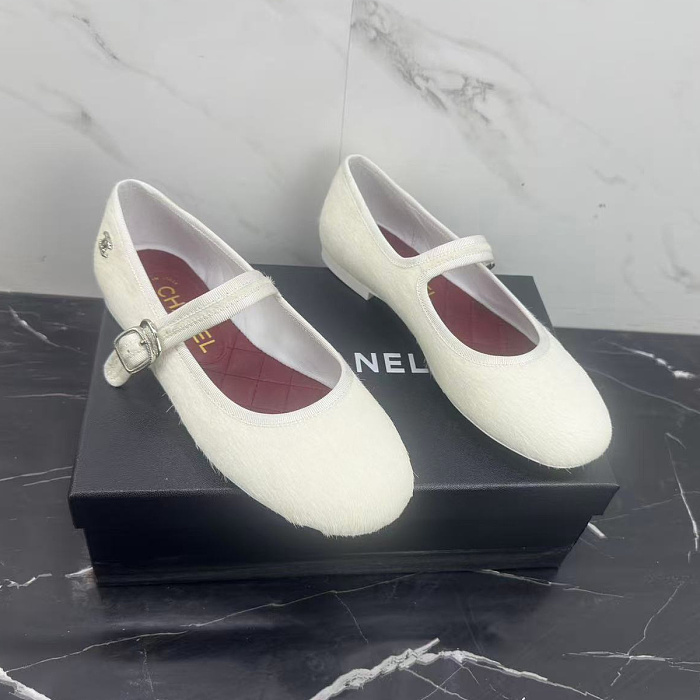 White Faux Fur Mary Jane Flats With Strap