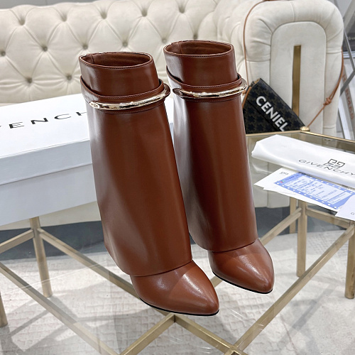 Brown Leather Metal Buckle Heeled Boots