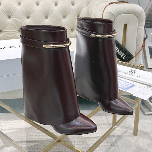 Burgundy Leather Pointed Toe High Heel Boots With Metal Buckle