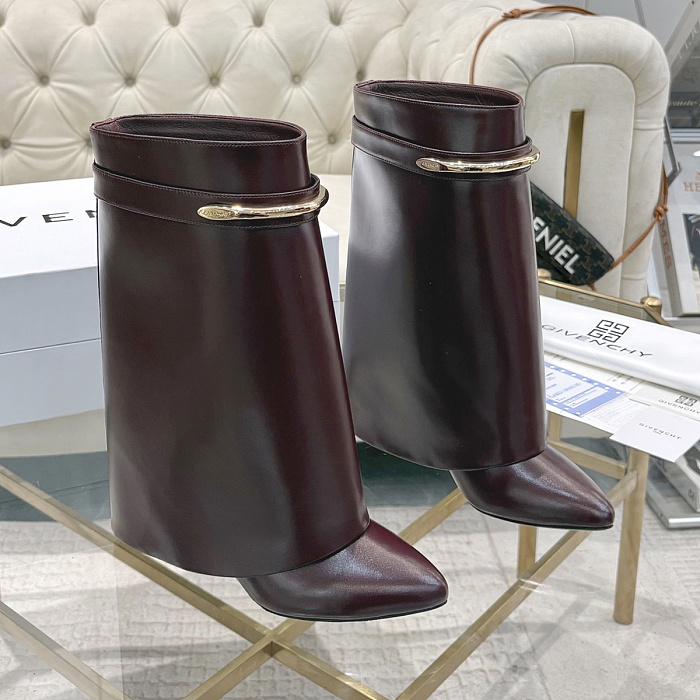 Burgundy Leather Pointed Toe High Heel Boots With Metal Buckle