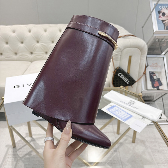 Burgundy Leather Pointed Toe High Heel Boots With Metal Buckle