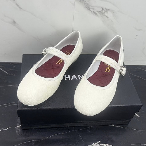 White Faux Fur Mary Jane Flats With Strap