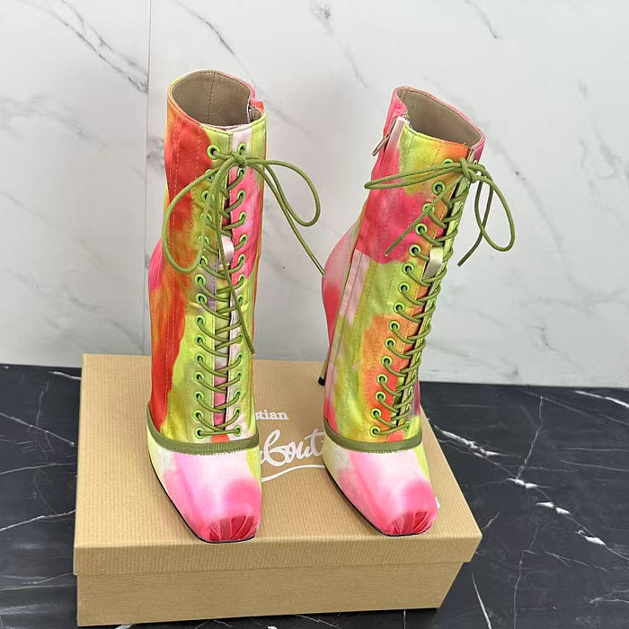Colorful Tie-Dye Lace-Up High Heel Boots With Pointed Square Toe