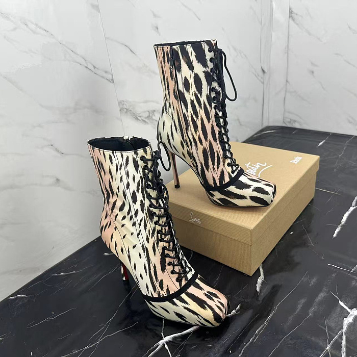 Leopard Print Lace Up High Heel Ankle Boots