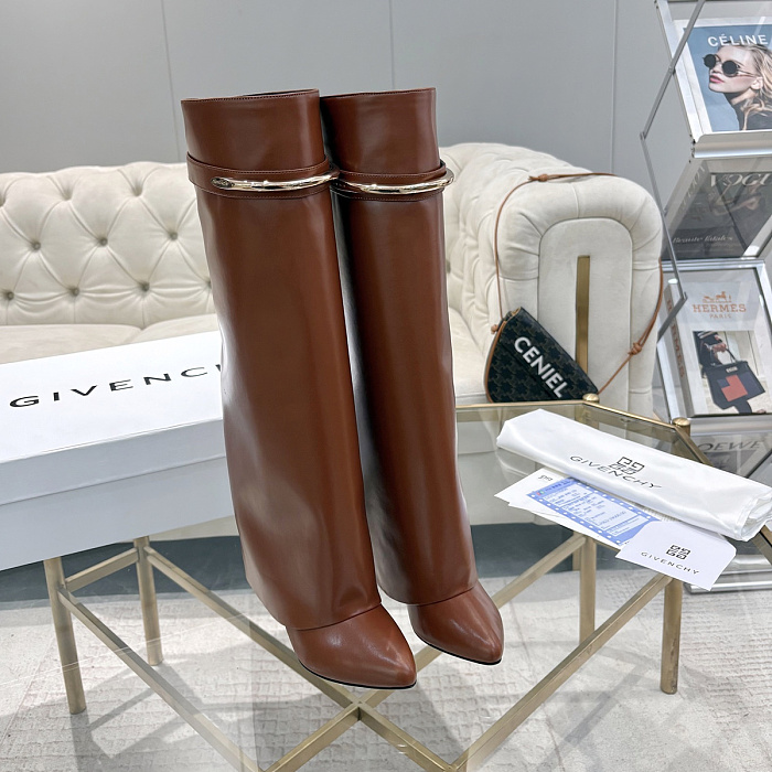 Brown Leather Knee High Boots With Metal Buckle