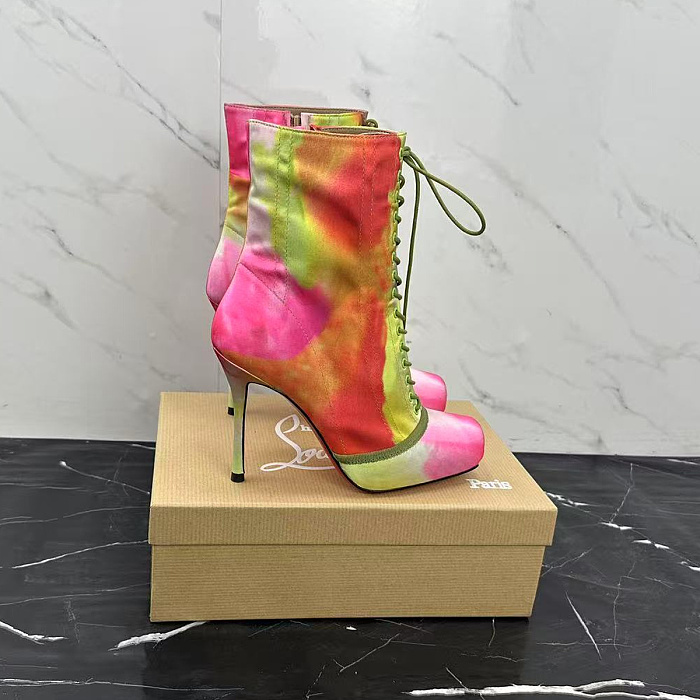 Colorful Tie-Dye Lace-Up High Heel Boots With Pointed Square Toe