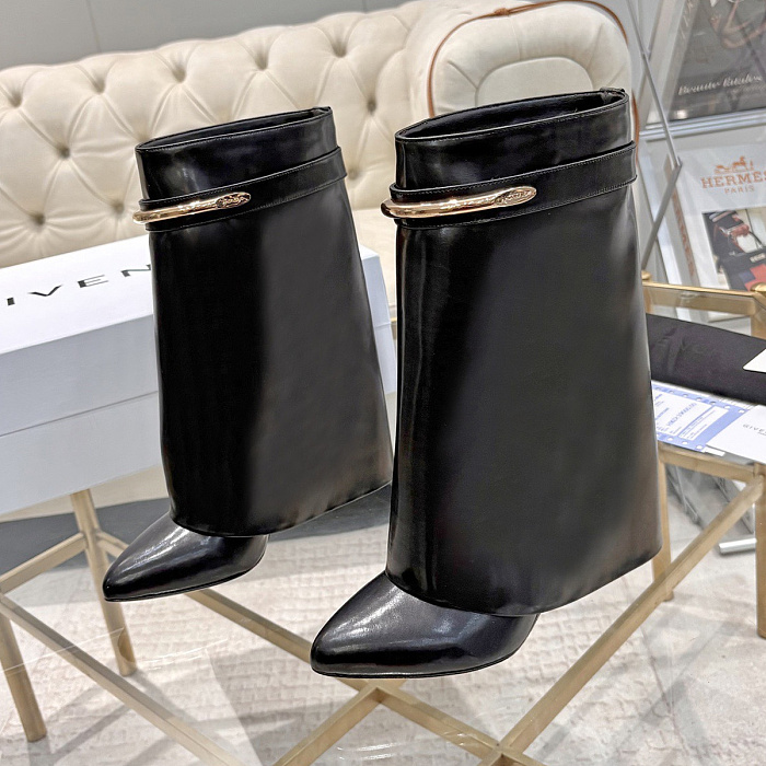 Metal Buckle Pointed Toe Wedge Boots