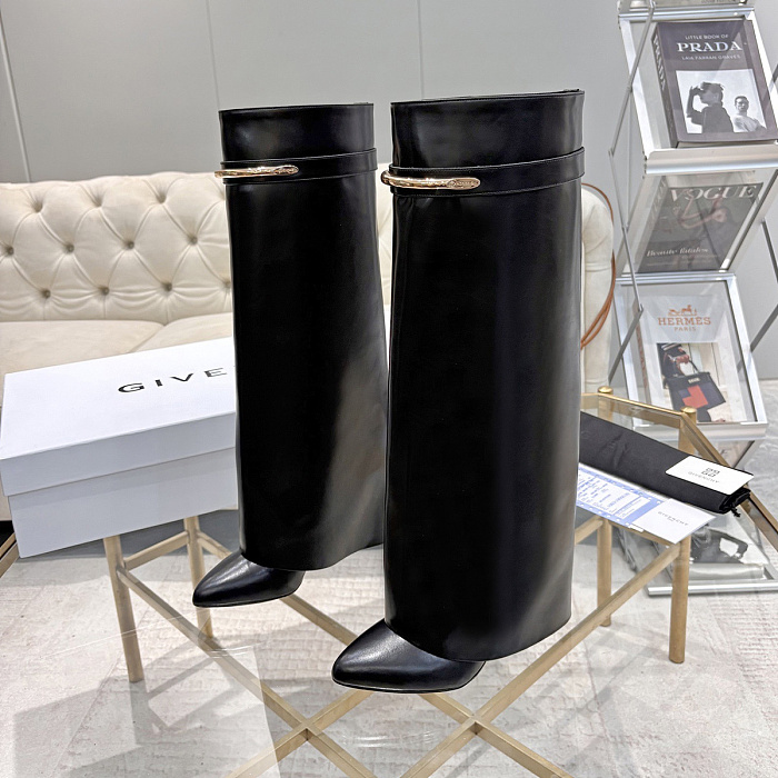 Pointed Toe High Heel Leather Boots With Metal Buckle