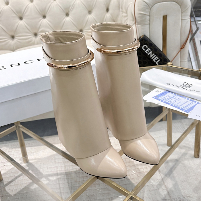 Beige Leather Pointed Toe High Heel Ankle Boots With Metal Buckle