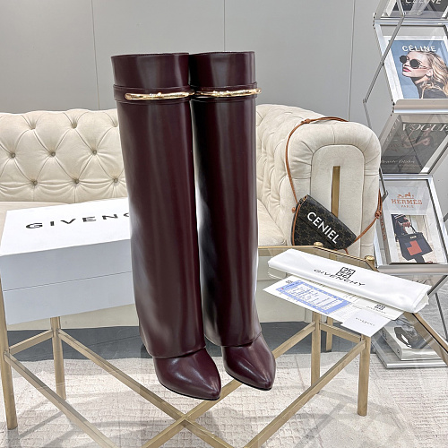 Burgundy Leather High Heel Knee High Boots With Metal Buckle