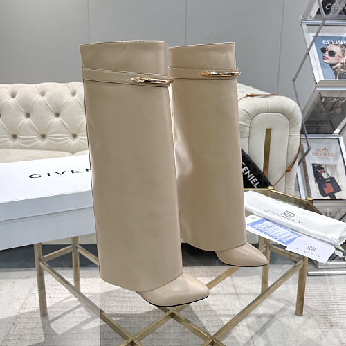 Beige Leather Pointed Toe High Heel Boots With Metal Buckle