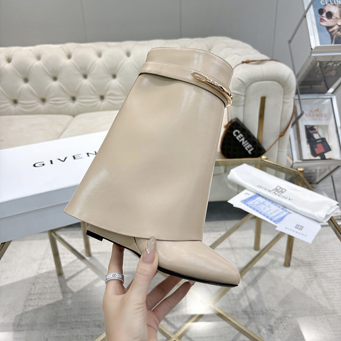 Beige Leather Pointed Toe High Heel Ankle Boots With Metal Buckle