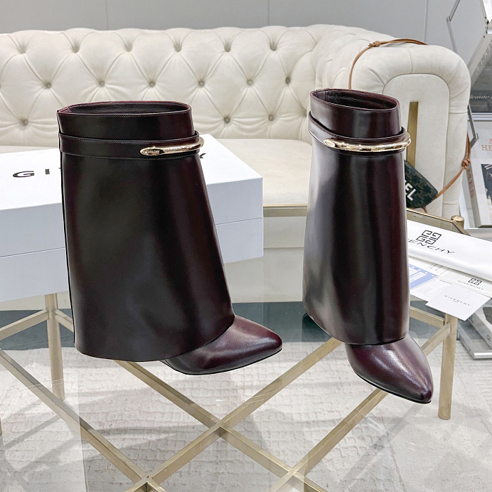 Burgundy Leather Pointed Toe High Heel Boots With Metal Buckle