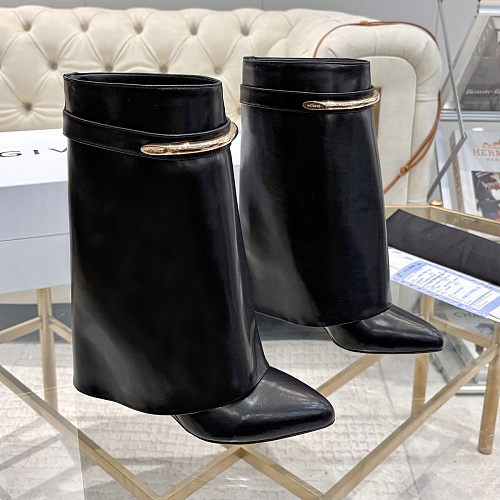 Metal Buckle Pointed Toe Wedge Boots