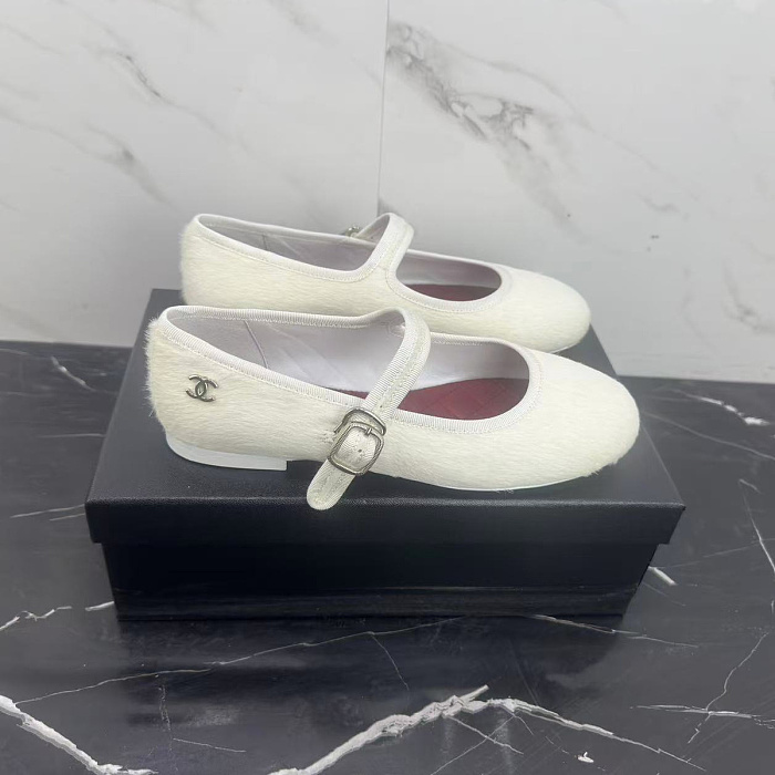 White Faux Fur Mary Jane Flats With Strap