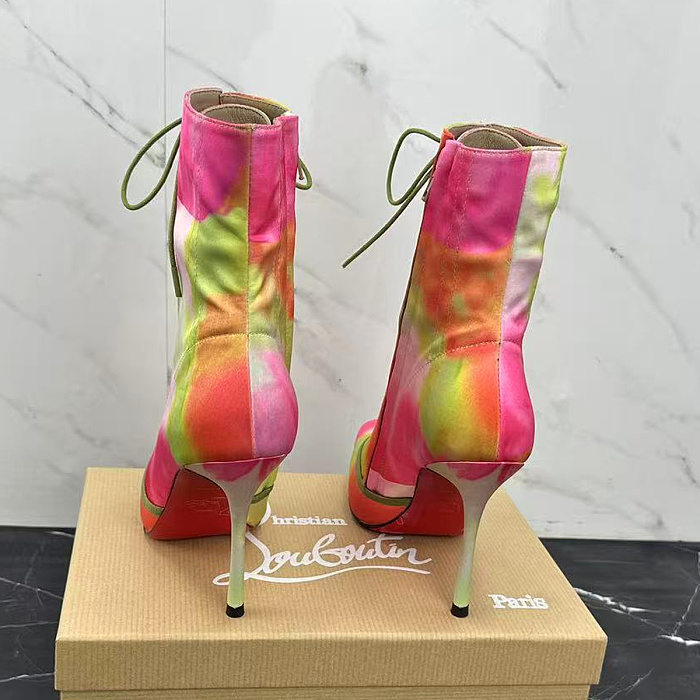 Colorful Tie-Dye Lace-Up High Heel Boots With Pointed Square Toe