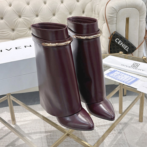 Burgundy Leather Pointed Toe High Heel Boots With Metal Buckle