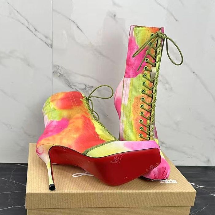 Colorful Tie-Dye Lace-Up High Heel Boots With Pointed Square Toe
