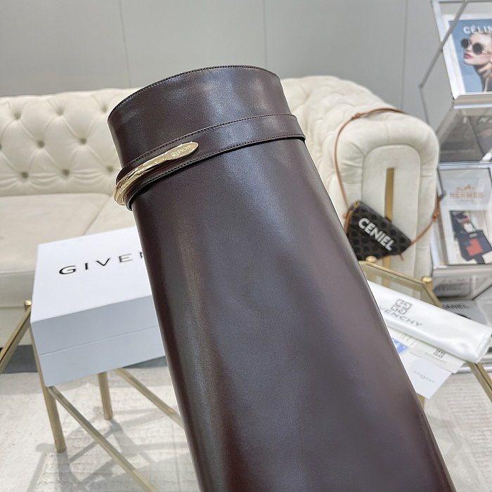 Dark Brown Leather Knee-High Boots With Metal Ring Detail