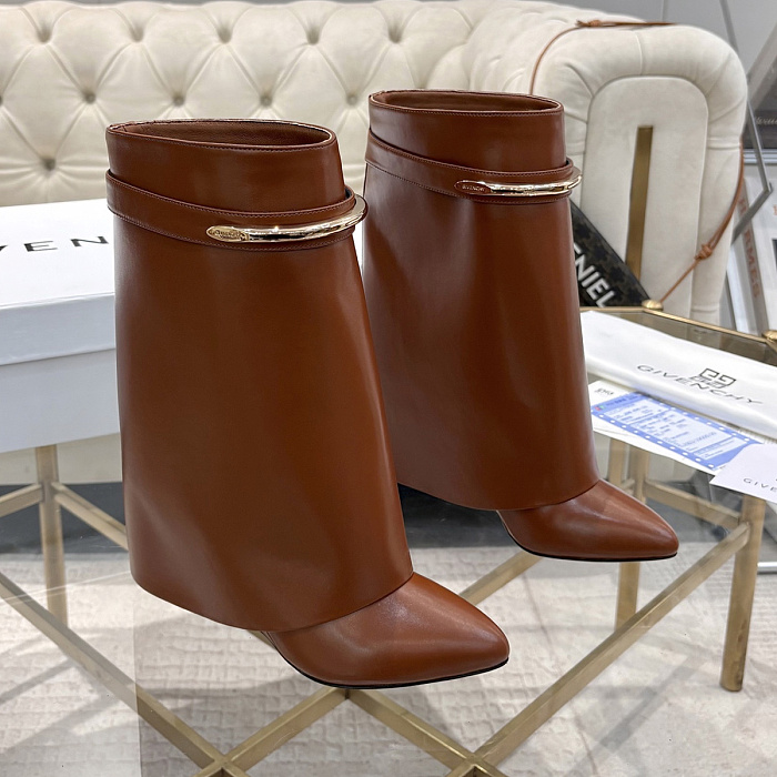 Brown Leather Metal Buckle Heeled Boots